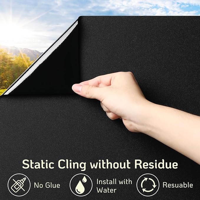LUTE Blackout Window Film, Sun Light Blocking Frosted Privacy Cling for Glass, Darkening Window Tint for Day Sleep Black Out Shades, UV Blocking Static Cling Blackout Cover， 23.6" x 157.4"
