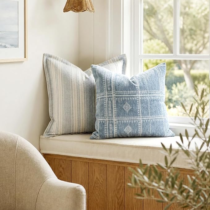 BlissBlush Decorative Throw Pillow Covers 20x20 Set of 2, Coastal Blue Textured Chenille Accent Throw Pillow Covers for Couch Sofa Bed Living Room Home Décor, Blue (Cover Only)