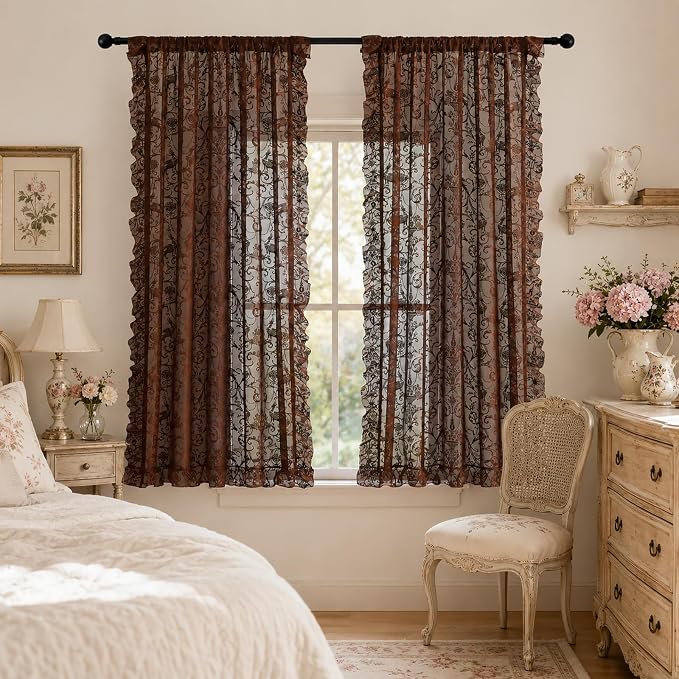 TUDECO Brown Lace Curtains 63 Inch Long for Bedroom, Vintage Flora Ruffle Sheer Brown Curtains, Rod Pocket Farmhouse Boho Chocolate Bedroom Living Room Drapes, Light Filtering & Privacy, 2 Panels