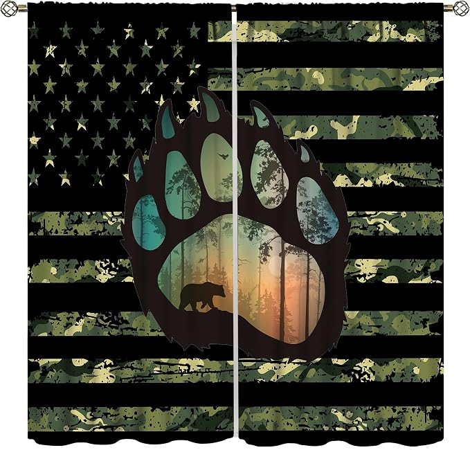 Rustic Bear Blackout Curtains,Vintage Cabin American Flag Independence Day Drapes for Bedroom Living Room Kitchen Window Treatment 2 Panels Set Total Size 42" W X 54" L Inch