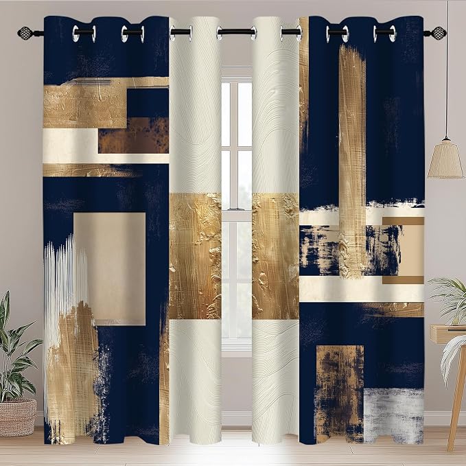 Boho Navy Blue Gold Abstract Blackout Curtains, Modern Oil Aesthetic Neutral Contemporary Beige Darkening Thermal Insulated Grommet Light Blocking Drape Decor, 52 x 84 Inch Long 2 Panels