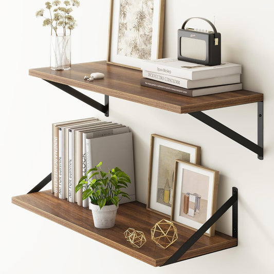 Fun Memories 27.5" W x10 D Floating Shelves, Large Wall Shelves 27.5 Inch Long, Set of 2, Farmhouse Wood Floating Shelf Wall Mounted, Deep Shelves for Bathroom, Living Room, Kitchen, Walnut Color
