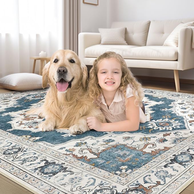 6x9 Washable Area Rug: Vintage Neutral Soft Non Slip Thin Large Floor Carpet for Living Room Bedroom Kitchen Dining Room Home Office Farmhouse Indoor - Blue