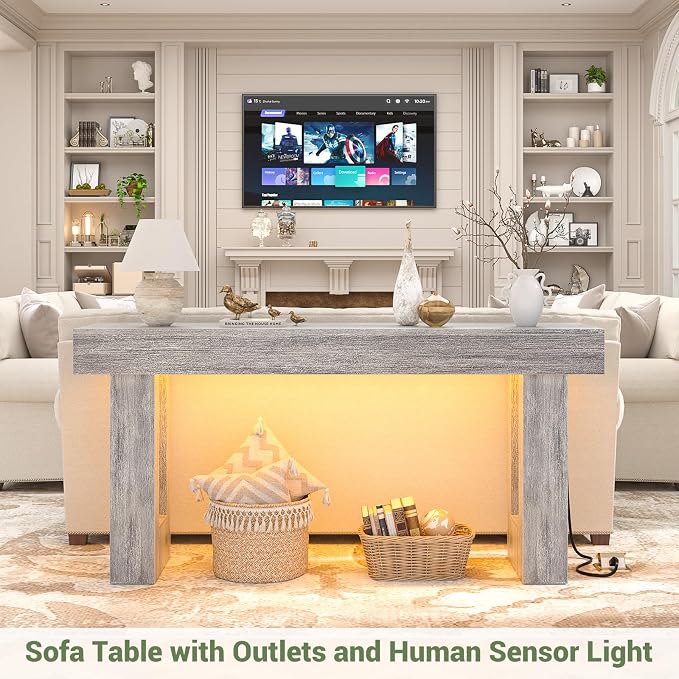 Unikito 63'' Farmhouse Console Table with Power Outlets and Sensor Light, Wooden Entryway Table with Storage, Rectangular Sofa Tables Behind The Couch for Entrance, Hallway, Living Room, Oak