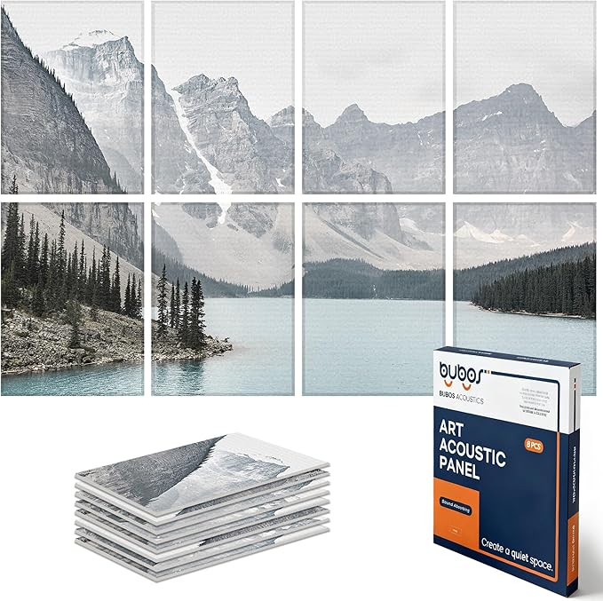 BUBOS 8 Pack Acoustic Wall Panels - High-Density Polyester Sound Absorbing Panels, Decorative Print Treatment for Recording Studio & Home Office, Peel and Stick, 16" x 12"