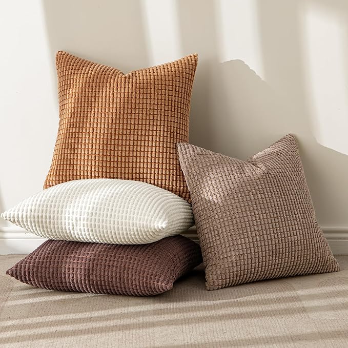 MIULEE Fall Farmhouse Decorative Pillow Covers 18x18 Inch Set of 4 Brown | Modern Natural Rustic Throw Pillows Neutral Warm Soft Corduroy Couch Pillowcases Home Decor for Sofa Living Room Bed