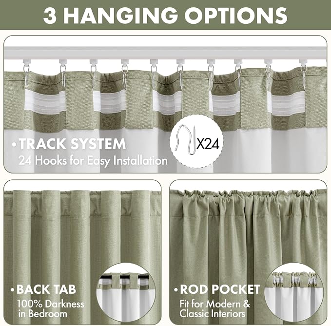 MIULEE 100% Blackout Linen Curtains for Bedroom 96 inches Long, Thermal Insulated Room Darkening Black Out Drapes for Living Room, Back Tab Rod Pocket, 2 Panels Set, 40 Wide x 96 Length, Sage Green