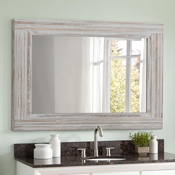 YOSHOOT Hand-Made Wooden Spliced Wall Mirror for Bathroom, Rustic Farmhouse Vanity Mirror, Décor Wall Art, Solid Wood Frame, Vertical or Horizontal Hanging