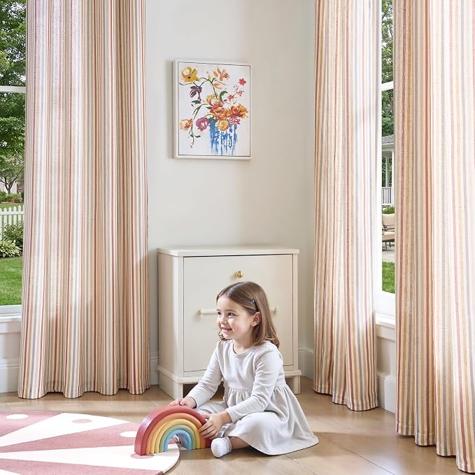 jinchan Linen Curtains 84 inch Red Stripe for Kids Room Grommet 2 Panels | Kids Curtains for Nursery Living Room Bedroom Baby Boys Room,Cute Colorful Ticking Stripe,Cottagecore Rustic,Light Filtering