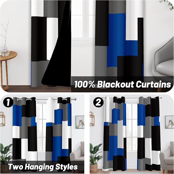 Tyrot Blue Gray 100% Blackout Curtains for Bedroom 63 inch Length 2 Panels Set White Grey Modern Abstract Geometric Black Out Curtains Insulated Room Darkening Window Drapes for Living Room, 42Wx63L