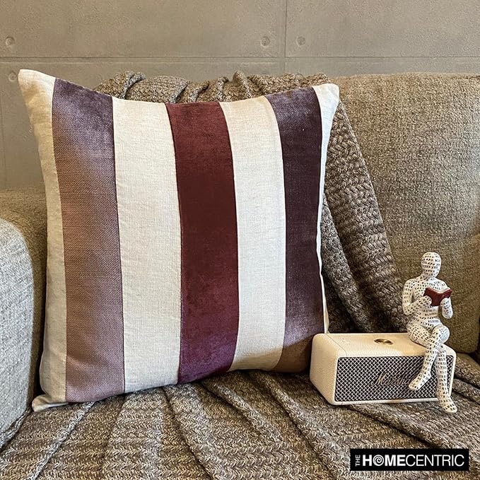 The HomeCentric Cushion Cover, Decorative Berry Pack of 2, 14x14 inch (35x35 cm) Throw Pillow Covers, Velvet Patchwork Throw Pillows for Sofa, Striped Modern Style Easter - Velvet Band Berry