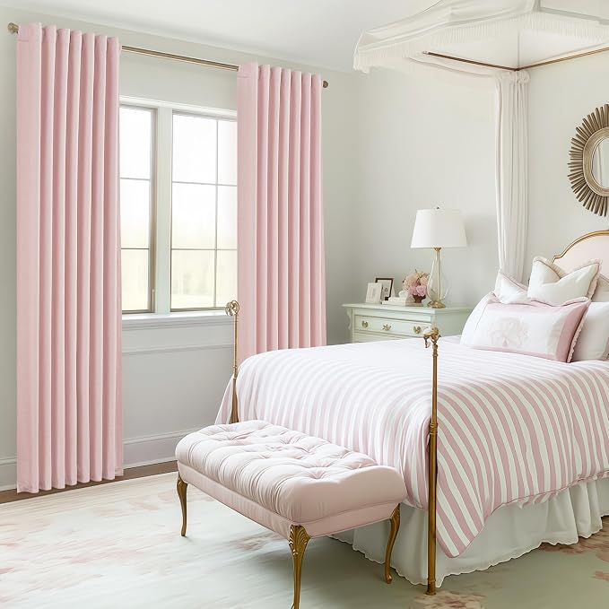 Cute Baby Pink Blackout Curtains 92 Inches Long for Girls Bedroom 2 Panels Set, Textured Linen Pleated Room Darkening Curtain Privacy Thermal Heavy Window Drape for Nursery with Rod Pocket 50"W x 92"L