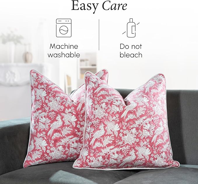 CPC 100% Cotton Throw Pillow Covers 24x24 Inch, Set of 2 Red Block Print Pattern Couch Pillow, Cute Boho Decorative Pillows for Living Room, Bedroom with Hidden Zipper- Pink Coral