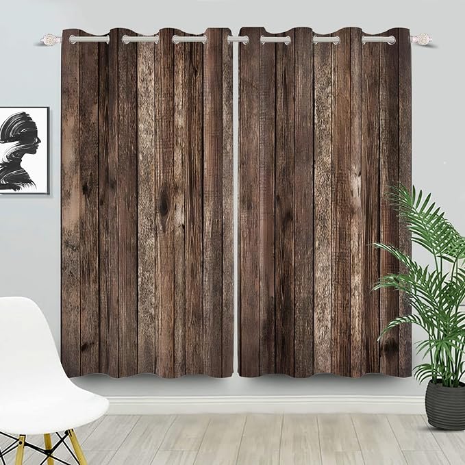 Rustic Old Brown Window Curtains Vintage Wood Barn Door Curtains Retro Wood Planks American Rustic Rural Garage Door Drapes Door Native Farmhouse Decor Window Treatments,53x96 inch,2 Panels