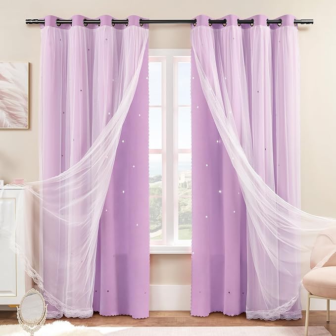 XiDi Purple Curtains for Girls Bedroom 2 Panels 84 Inches Long Cut Out Star Kids Nursery Blackout Curtains Princess Mermaid Wall Decor Double Layer Purple Lace Curtains Grommet Lilac Purple W34 x L84