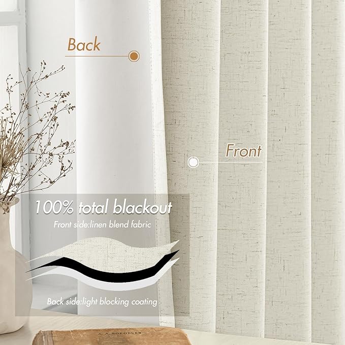 EMEMA Cream White Linen Blackout Curtains 84 inch Long 2 Panels Set for Bedroom Back Tab Thermal Insulated 100% Black Out Drapes Pinch Pleated Hooks Room Darkening Window Curtain for Living Room