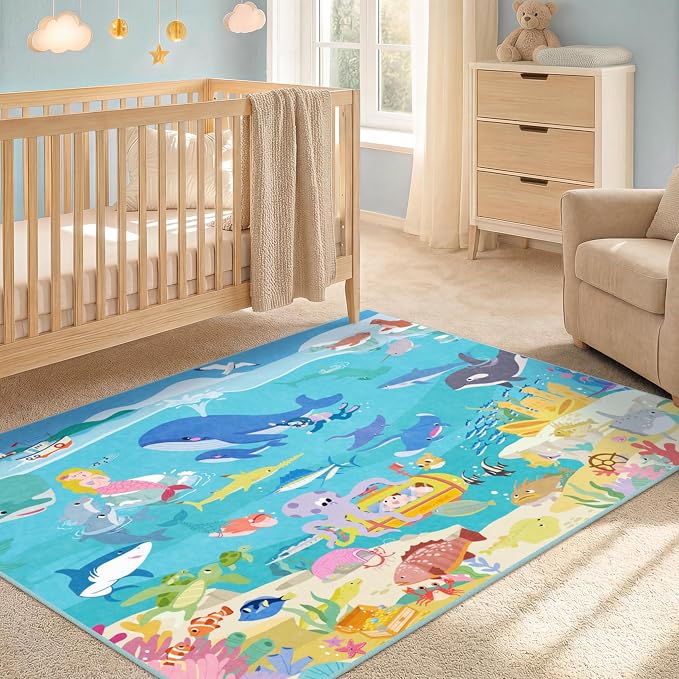 3x5 Small Kids Rug for Bedroom - Washable Soft Ocean Themed Rug for Kids Room, Bathroom and Playroom – Sea Animal Carpet for Children, Toddler, Whale Mermaid & Marine Life Educational Learning Carpet