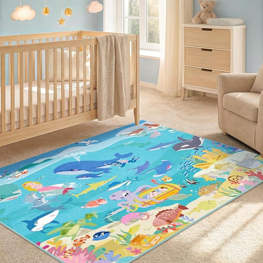 3x5 Small Kids Rug for Bedroom - Washable Soft Ocean Themed Rug for Kids Room, Bathroom and Playroom – Sea Animal Carpet for Children, Toddler, Whale Mermaid & Marine Life Educational Learning Carpet