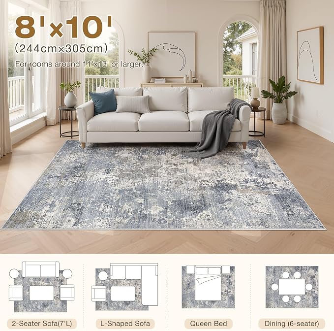 Area Rugs 8x10 Living Room: Washable Large Abstract Modern Neutral Soft Rug Stain Resistant Non-Slip Backing Carpet for Bedroom Dining Room Nursery Home Office Decor - Light Denim Blue