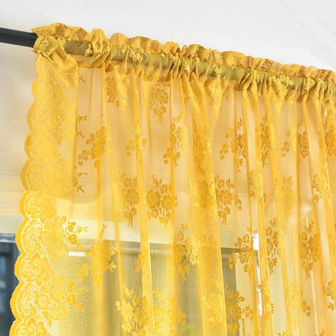 Kotile Mustard Yellow Sheer Curtains 84 Inches Long, 2 Panels Country Rustic Floral Retro Gold Lace Curtains for Living Room,Rod Pocket Light Filtering Privacy Boho Window Curtain Drapes, 52 x 84 Inch
