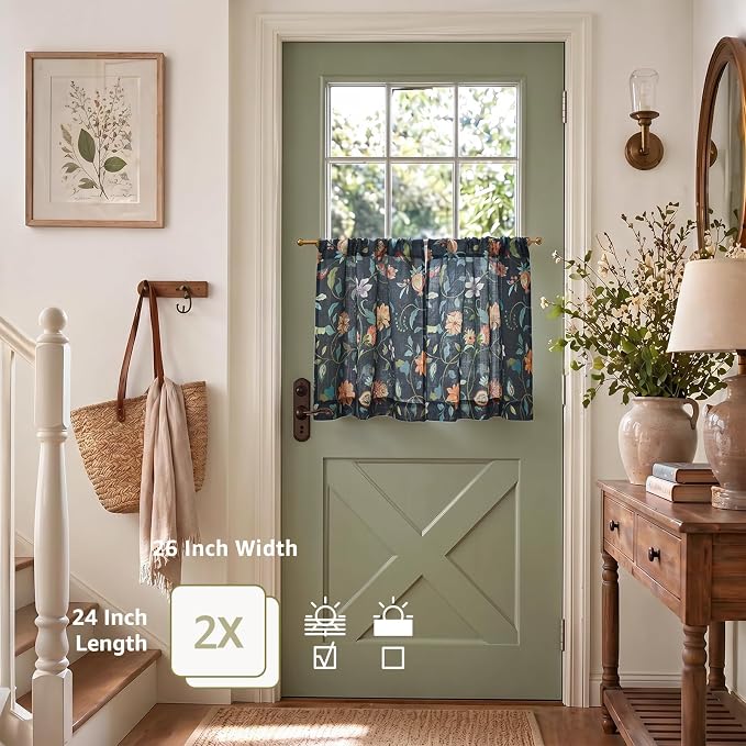 jinchan Hattie Floral Linen Kitchen Curtains 24 Inch Length Vintage Cottage Core Farmhouse Cafe Curtains Light Filtering Small Window Drapes for Living Room Bathroom Rod Pocket 2 Panels Dark Blue