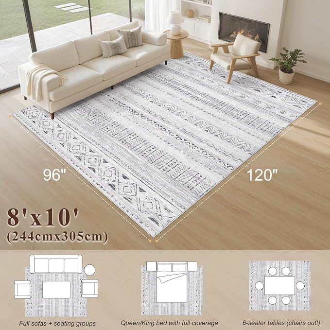 cotiled 8x10 Area Rugs Living Room Rug: Washable Boho Rugs with Non Slip Backing Large Soft Indoor Stain Resistant Carpet for Bedroom Farmhouse Dining Room Lightweight Home Decor Dark Grey
