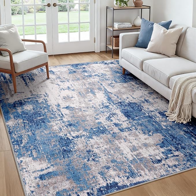 RELEANY Washable Area Rugs Square 7ft Non-Slip Modern Abstract Soft for Living Room Entryway Bedroom Kitchen, Print Pattern, Blue Grey Navy Gray