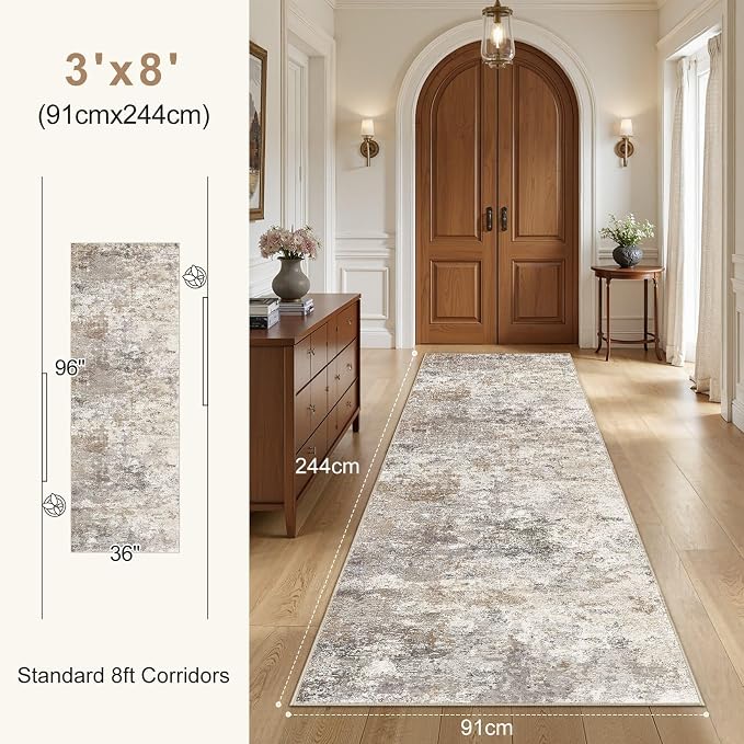UERMEI 3x8 Washable Runner Rug for Hallway, Non Slip Low Pile Kitchen Carpet, Neutral Modern Abstract Indoor Floor Mat for Entryway Laundry, Kid & Pet Safe High Traffic Area, Brown Grey