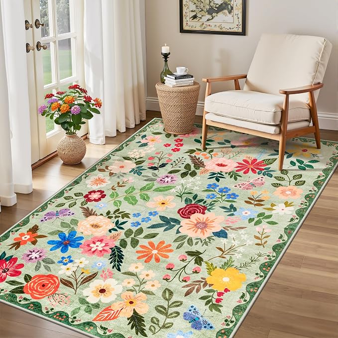 Area Rug Living Room Rugs: Floral 3x5 Washable Rug Vintage Soft Boho Non-Slip Carpet Indoor Floor Stain Resistant Large Carpets for Bedroom Dining Room Farmhouse Nursery Hallway Green