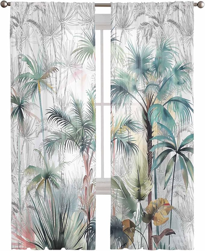 Teal Green Palm Tree Sheer Curtains 84 Inch Length 2 Panels Set for Living Room/Bedroom, Semi Curtain Sheers Drapes Rod Pocket Window Curtains 52x84x2 Summer Tropical Coconut Plant Modern White