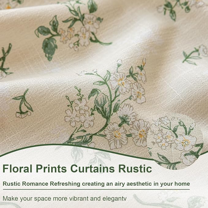 OYX Boho Floral Spring Semi Sheer Curtains 96 Inch Length 2 Panels, Linen Texture Farmhouse Light Filtering Curtains Beige Tassel for Bedroom Living Room Vintage Rustic Patterned Printed Rod Pocket