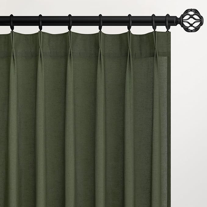 Olive Green Linen Semi Sheer Curtains 86 Inches Long,Spring Boho Natural Bedroom Living Room Home Decor,Cotton Linen Blended Light Filtering Pinch Pleated Window Curtain 7.17ft Panels Set of 2
