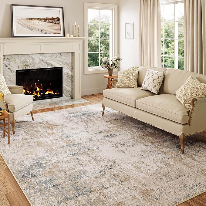 5x7 Washable Area Rug Beige Blue Abstract Non Slip Soft Low Pile Rug for Living Room Bedroom Dining Room Office Neutral Modern Indoor Throw Carpet for Home Decor