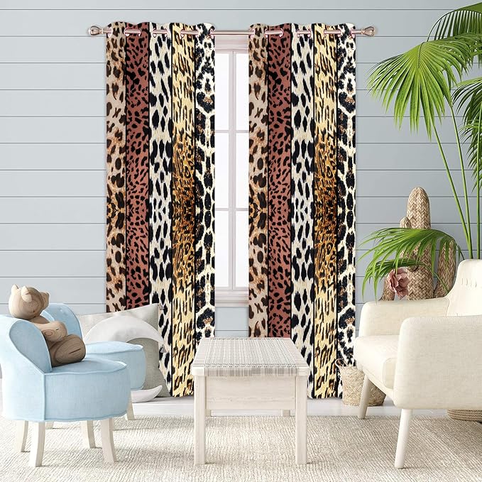 Wild Animal Print Curtain, Room Darkening Thermal Insulated Blackout Leopard Boa Window Drapes with Grommets for Living, Dining, Bedroom, Brown Leopard Print, 42"x 84", 2 Panels