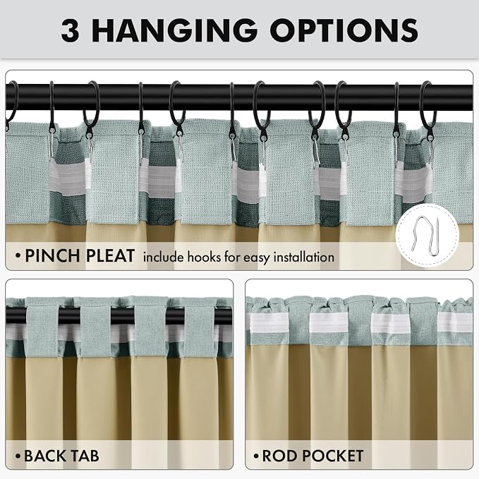 MIULEE 100% Blackout Linen Curtains for Bedroom, Seafoam Green Solid Luxury Decor Thermal Insulation Room Darkening Drapes for Living Room Back Tab Rod Pocket 42 x 96 Inches, 2 Panels