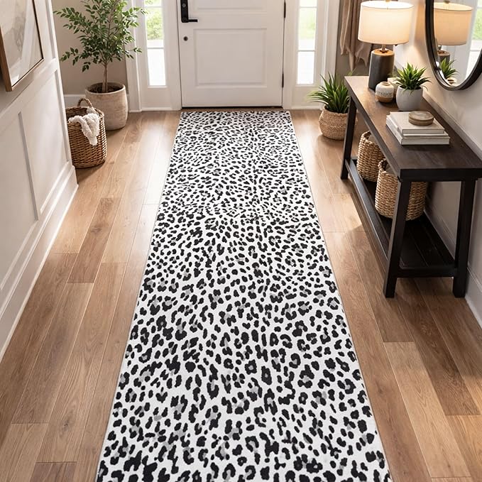 Ottomanson Aisle Runner Rug 1'10.5" x 20' – Soft Non-Slip Rug, Low Pile Carpet for Hallways, Events, Churches & Extra-Long Indoor Spaces, Leopard Print Black & White