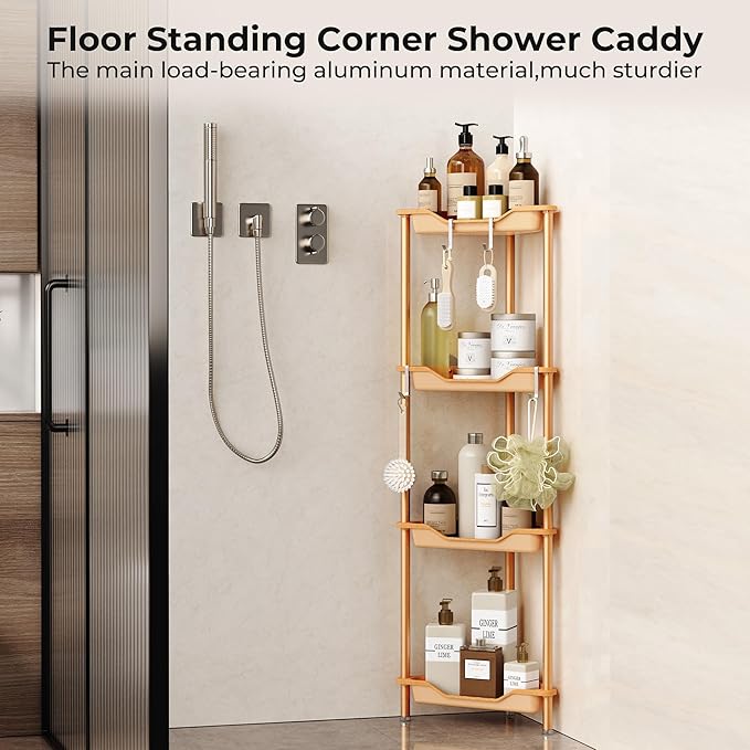 Orimade Rustproof 4 Tier Floor Standing Corner Shower Caddy Organizer, Plastic Aluminum Splicing Floor Corner Shelf Rack Storage Stands for Bathroom, Wood Grain Surface