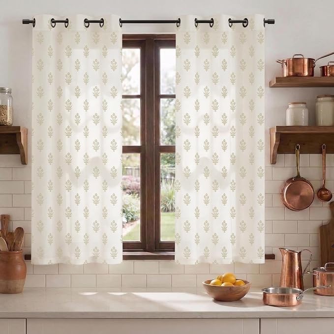 Lino Rosa Rustic Farmhouse Linen Curtains for Kitchen, Block Print Boho Floral Patterned Light Filtering Short Sheer Panel for Door Window, 45 Inch Length