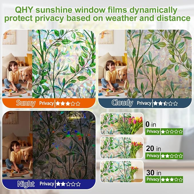 Window Privacy Film Stain Glass Window Film Rainbow Window Film Window clings Non-Adhesive Reusable Decorative for Room (Leaf Rainbow, 45.2 X 157.4 in)
