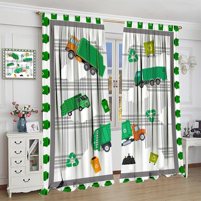 Truck Blackout Curtain,Boys Kids Cartoon Green Garbage Cars Pattern Print Window Curtains for Dining Room Living Room Kitchen Cafe Bedroom Office Drapes,63x63 in