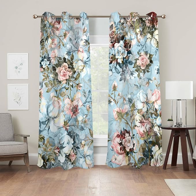 Renaiss Blue Rose Floral Blackout Curtains, Light Blue Watercolor Flowers Blossom Bedroom Window Curtains, Vintage Grommet Window Drapes for Living Room 42W x 96L 2 Panels Set