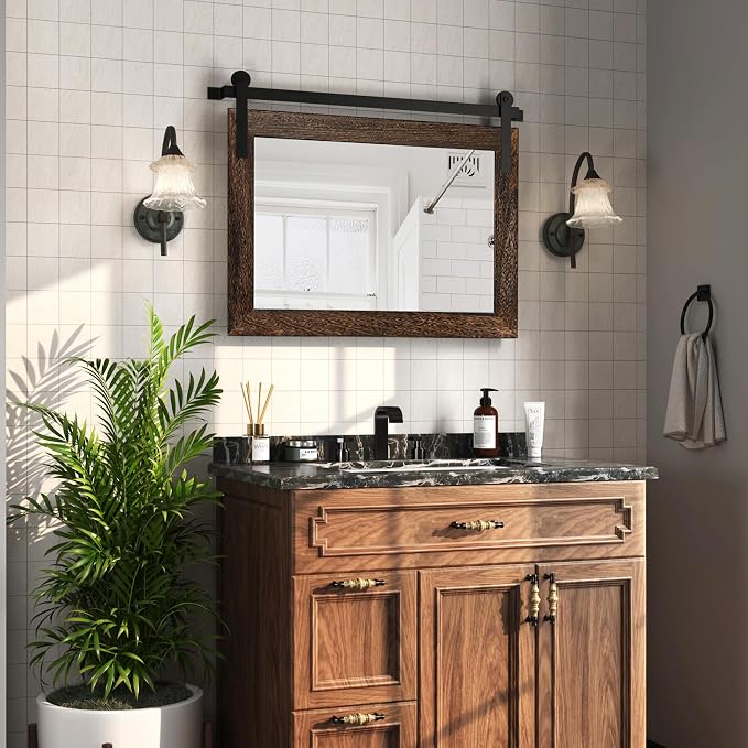 COGOOD Farmhouse Barn Door Mirror - 22 x 29 Rustic Wood Framed Wall Mirror for Bathroom, Living Room, Entryway Wall Decor (Black Brown)