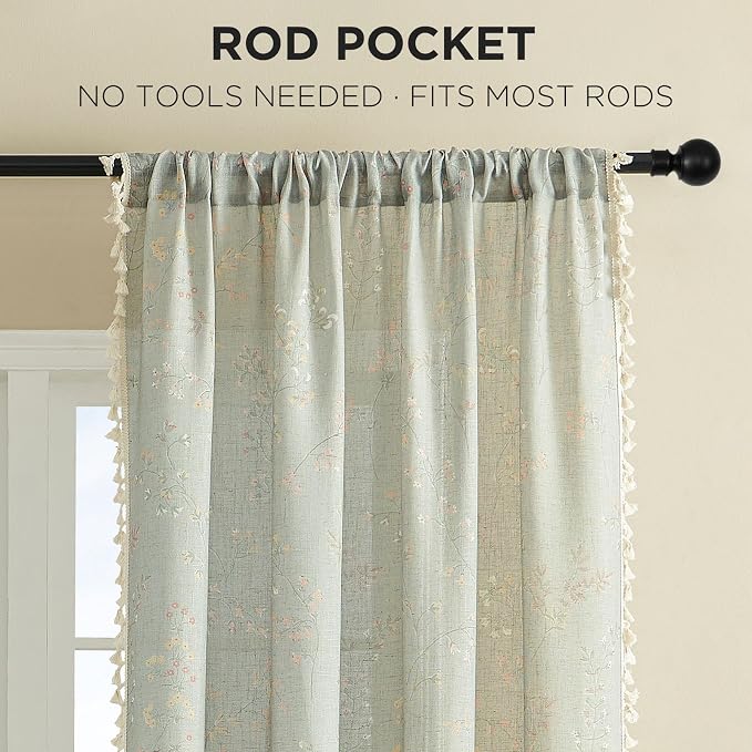 Joydeco Blue Floral Boho Curtains 108 Inches Long 2 Panels, Super Soft Bohemian Farmhouse Curtains with Tassels, Semi Sheer Light Filtering Drapes for Bedroom Living Room (Rod Pocket, 52Wx108L)