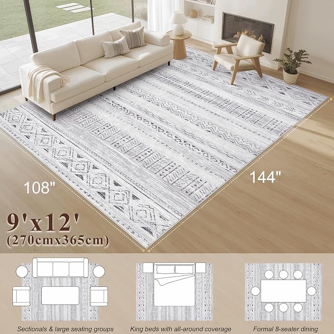 cotiled 9x12 Area Rugs Living Room Rug: Washable Boho Rugs with Non Slip Backing Large Soft Indoor Stain Resistant Carpet for Bedroom Farmhouse Dining Room Lightweight Home Decor Dark Grey