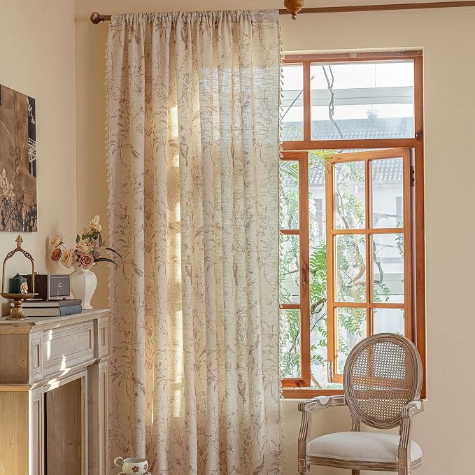 OYX Boho Curtains 63 Inches Long, Beige Semi Sheer Farmhouse Drapes with Floral & Garden Birds, Vintage Rod Pocket Window Curtain Set of 2 Panels for Kitchen Bedroom