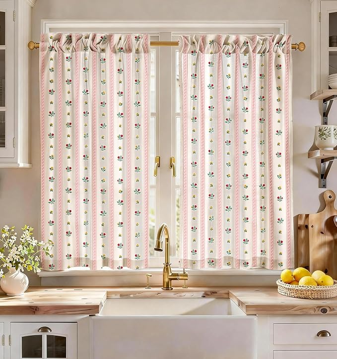 Miss Adola Farmhouse Kitchen Tier Curtains - 45 Inch Length Linen Blend Boho Floral Cafe Curtains Stripe Small Window Treatments Over Sink Rod Pocket for Bathroom Living Room Light Filtering, 2 Panels