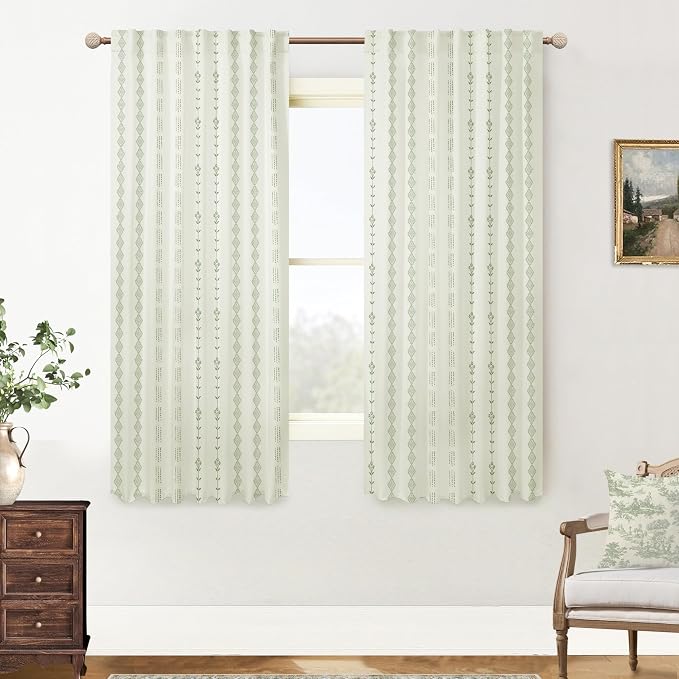 Lino Rosa Cream and Green Striped Room Darkening Curtains for Bedroom, Cute Boho Patterned Rod Pocket No Blackout Drapes for Bedroom 63 Inches Long 2 Panel Set