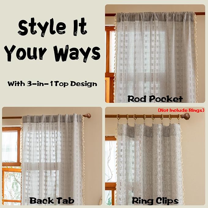 Light Gray Boho Sheer Curtains 72 inches Long 2 Panels for Bedroom, Light filtering Semi Sheer Bohemian French Country Privacy Tassels Vintage Chic Embroidery Stripes Window Curtains Back Tab, 50" W