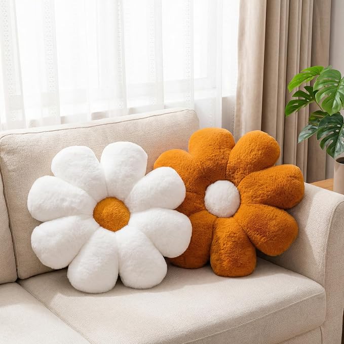 2 Pcs Brown White Throw Pillows Set, Cute Daisy Flower Decorative Throw Pillows Preppy Room Decor Aesthetic Floor Cushions for Girls Bedroom Bed Sofa Chair Decor (Brown & White)