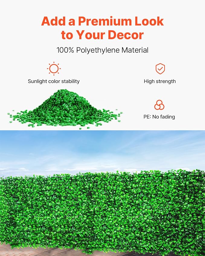 VEVOR Artificial Boxwood Panels 48pcs, 10 x 10 in Boxwood Hedge Wall Panel Artificial Grass Backdrop, 1.6 in Green Fake Grass Wall for Privacy Fence Decor Indoor Outdoor Garden Backyard